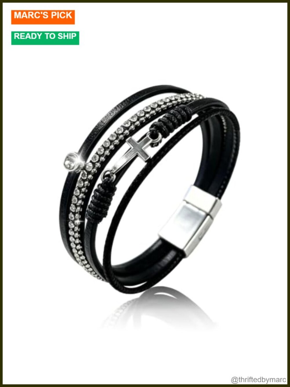 Boho Faux Leather Wrap Cuff Bracelet with Cross Charm